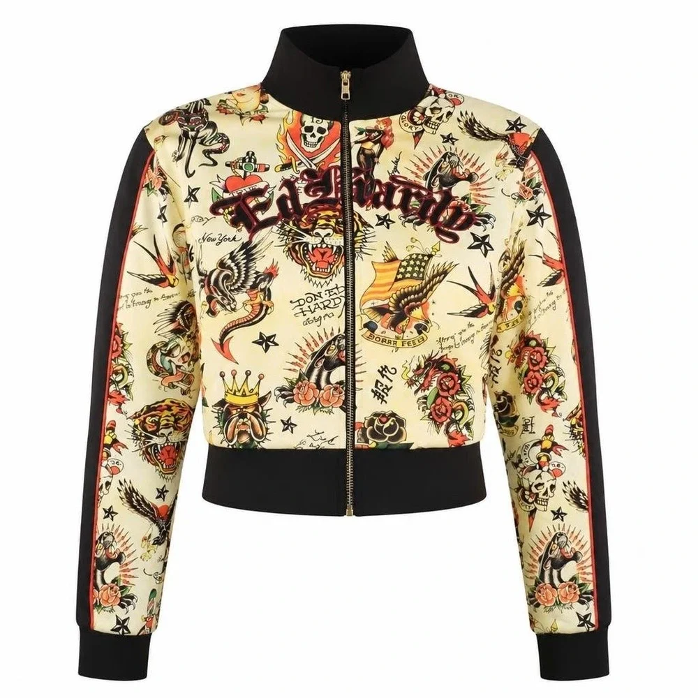 Ed Hardy Track Jacket Womens XL Shrunken Flashboard Multi Tattoo Cropped Y2K AOP